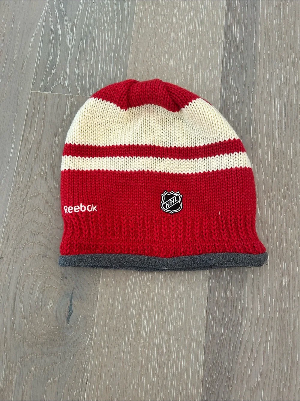 Detroit Red and Cream Knit Beanie with Team Wing Logo